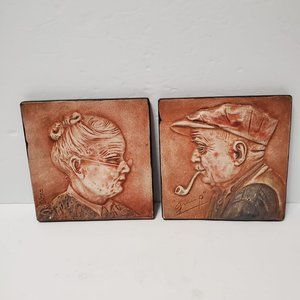 Antique Ceramics Wall Art Tiles by Alice Cranston Fenner, 1943, Grandpa Grandma